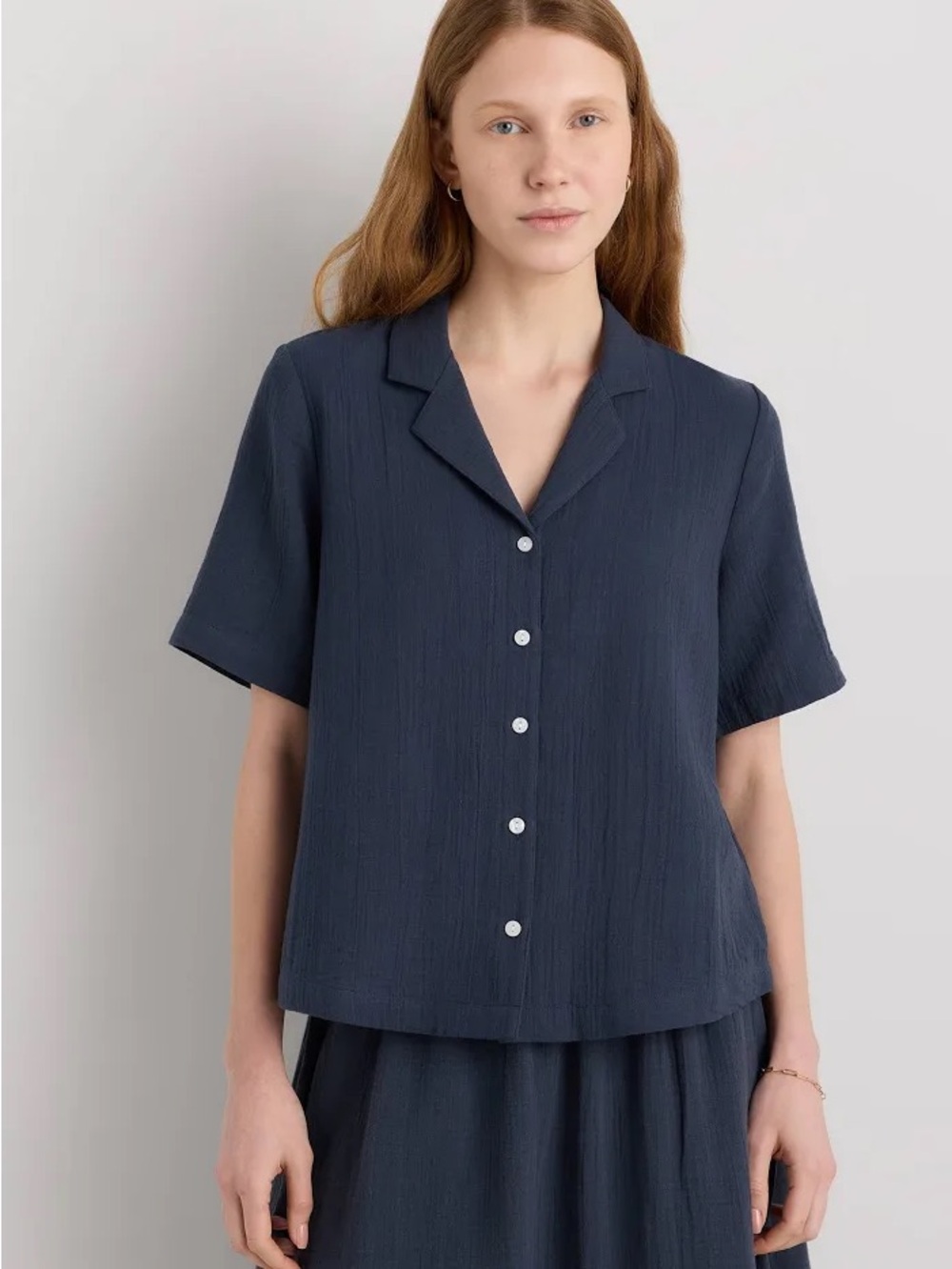 Quince indigo blue gauze short sleeve button up top small